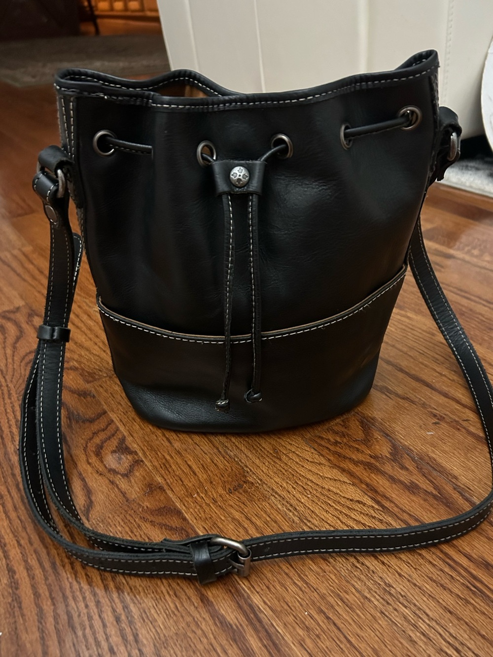 Patricia Nash Black Leather Drawstring Bucket Bag
